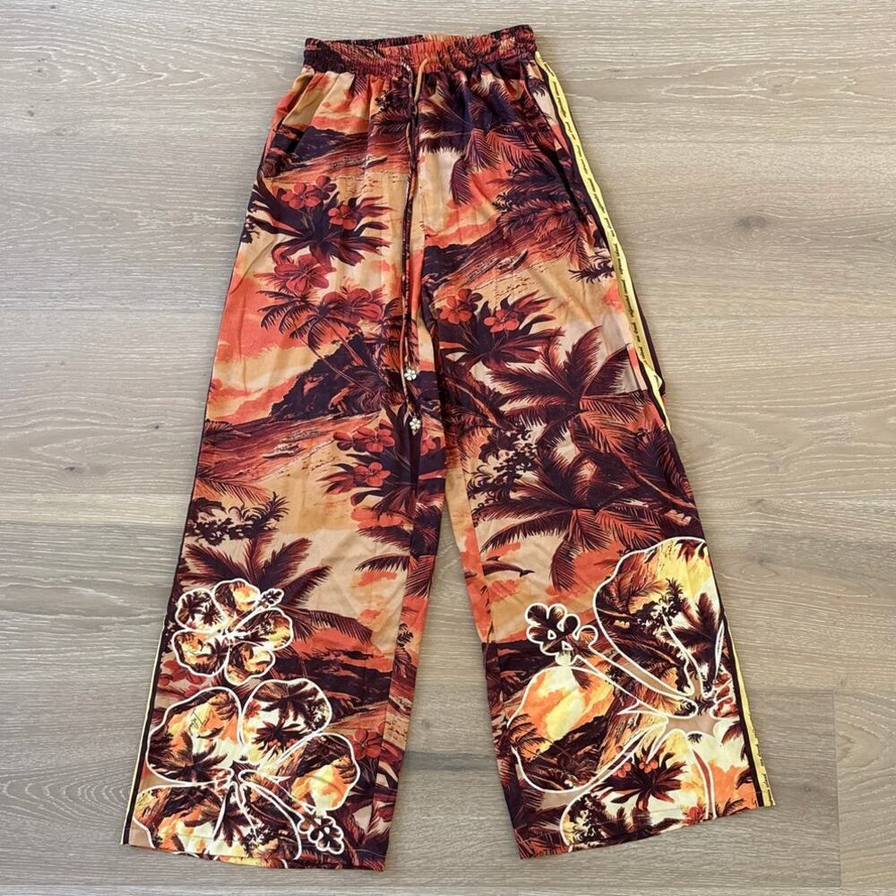 Kulani Kinis Vintage Vacay Drawstring Resort Pants Size S in Orange Yellow Brown
